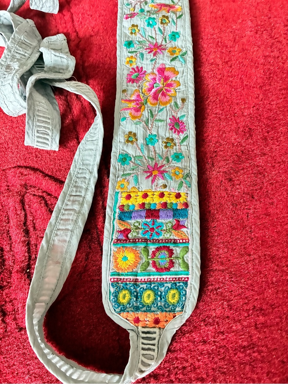Johnny Was Embroidered Floral Obi Tie Belt with Multicolor Stitching - Picture 2 of 5